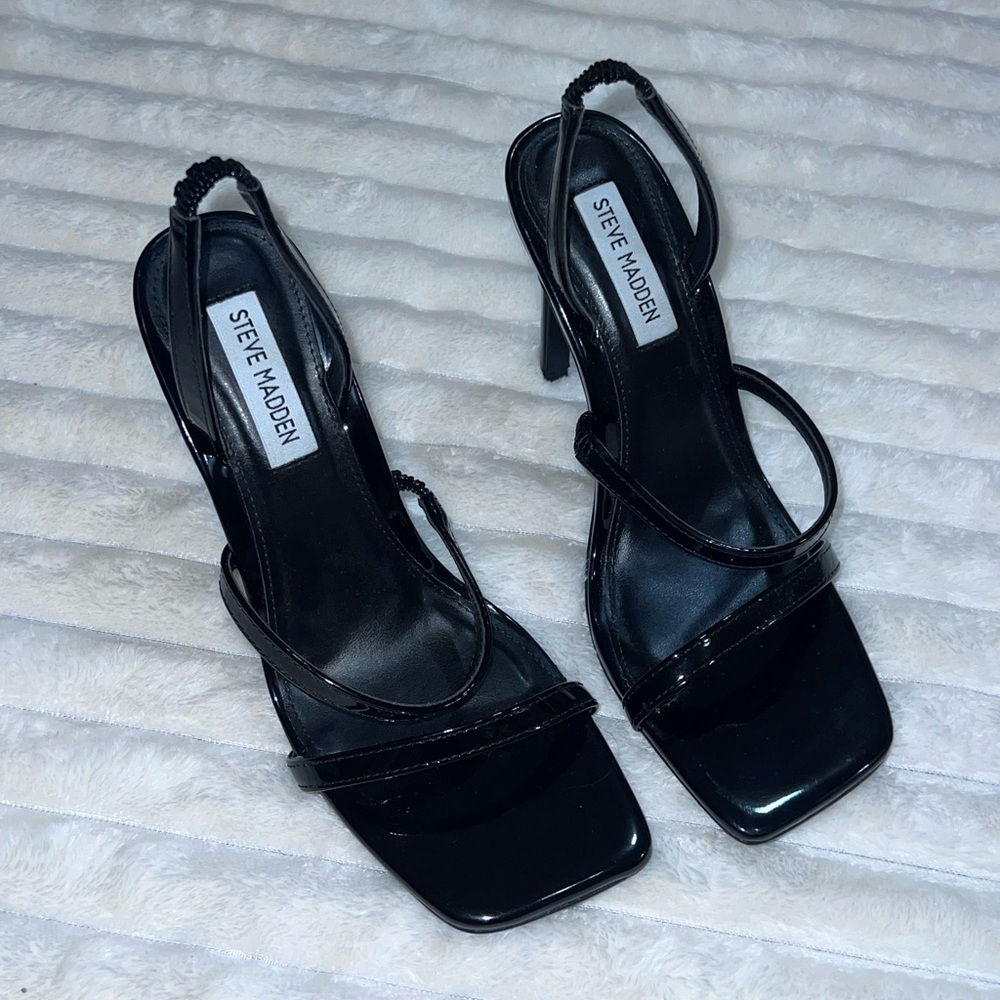 Steve Madden Glossy Black Square Toe Strappy Heels